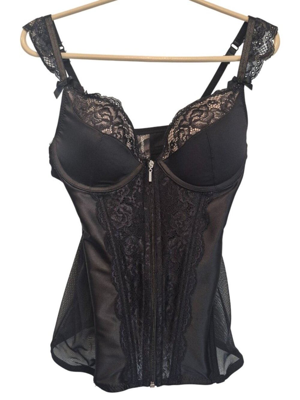 Lovehoney Black Lace Bustier Lingerie Zipper Front Adjustable Straps Large Sheer